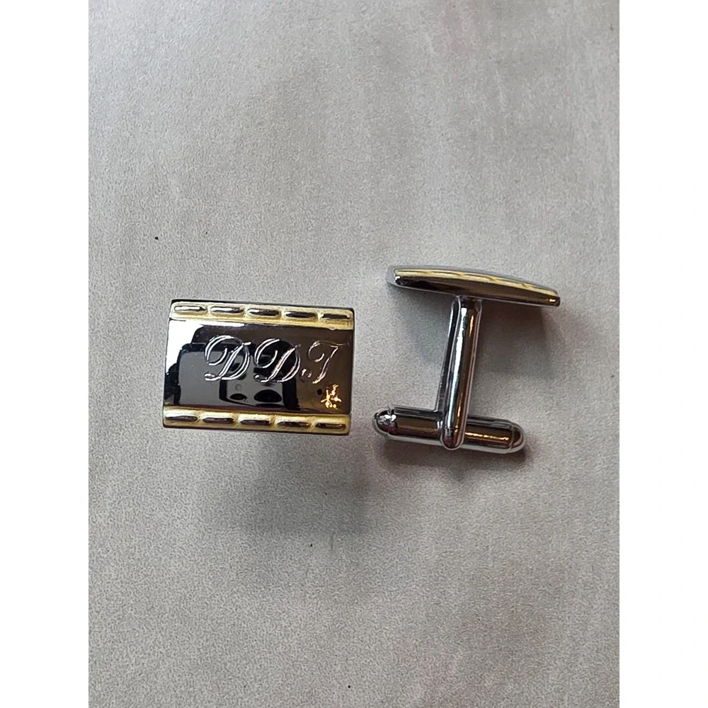 Mens Two Tone Silver Gold Engraved DDT Initial Rectangular Cufflinks F1